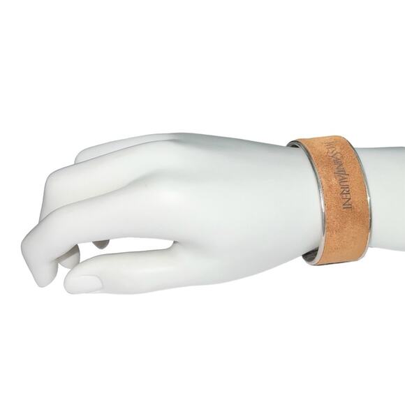 AUTH VTG Yves Saint Laurent YSL Sterling Silver Suede Leather Logo Cuff Bracelet - Picture 2 of 16